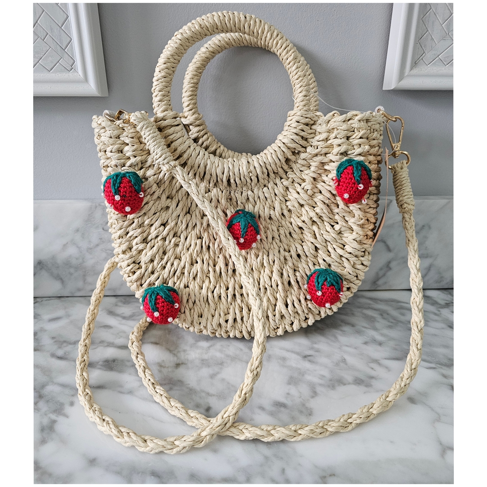 Woven Crossbody Bag with Red Strawberry Accents, NWT